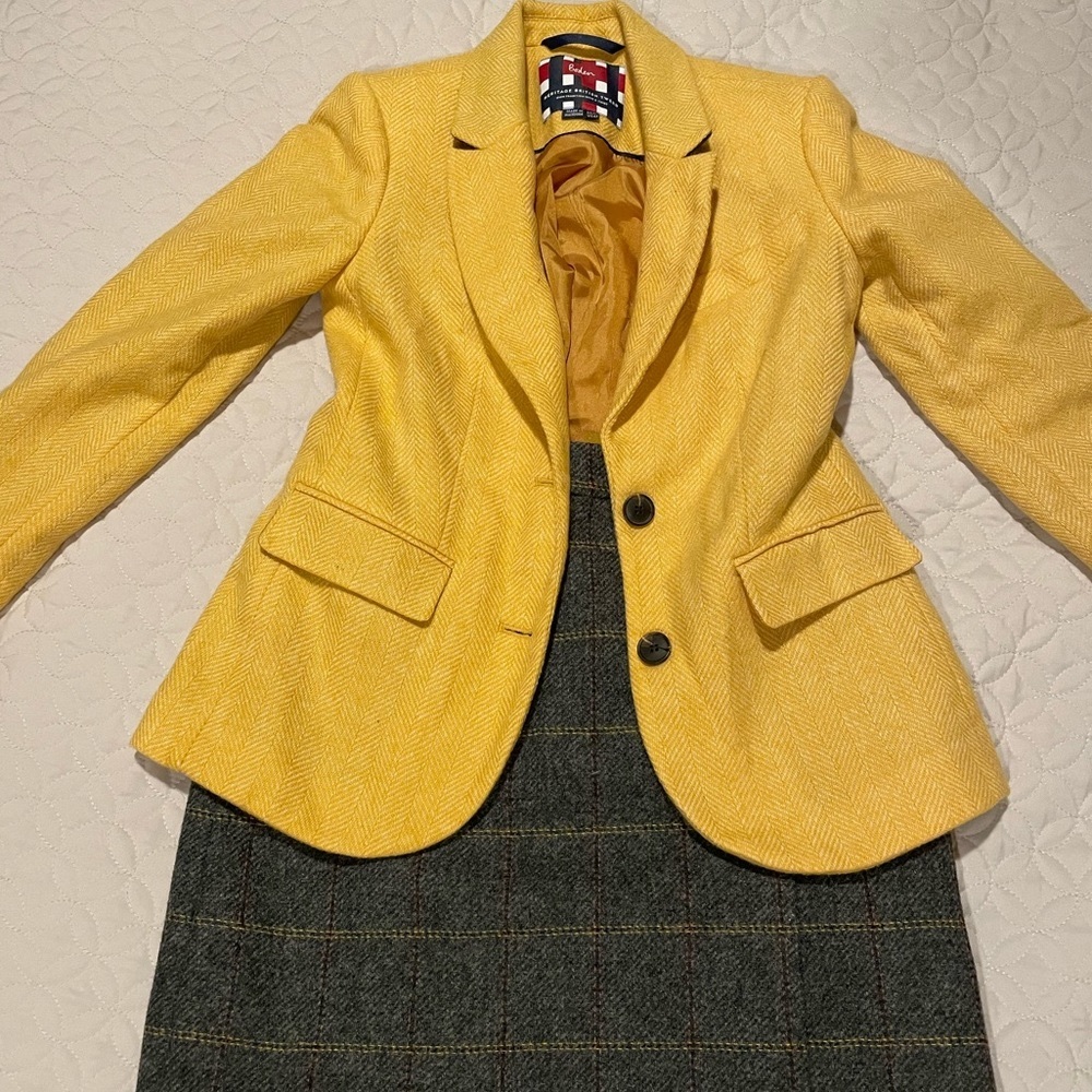 Boden wool tweed blazer and skirt suit set (yellow/gray)